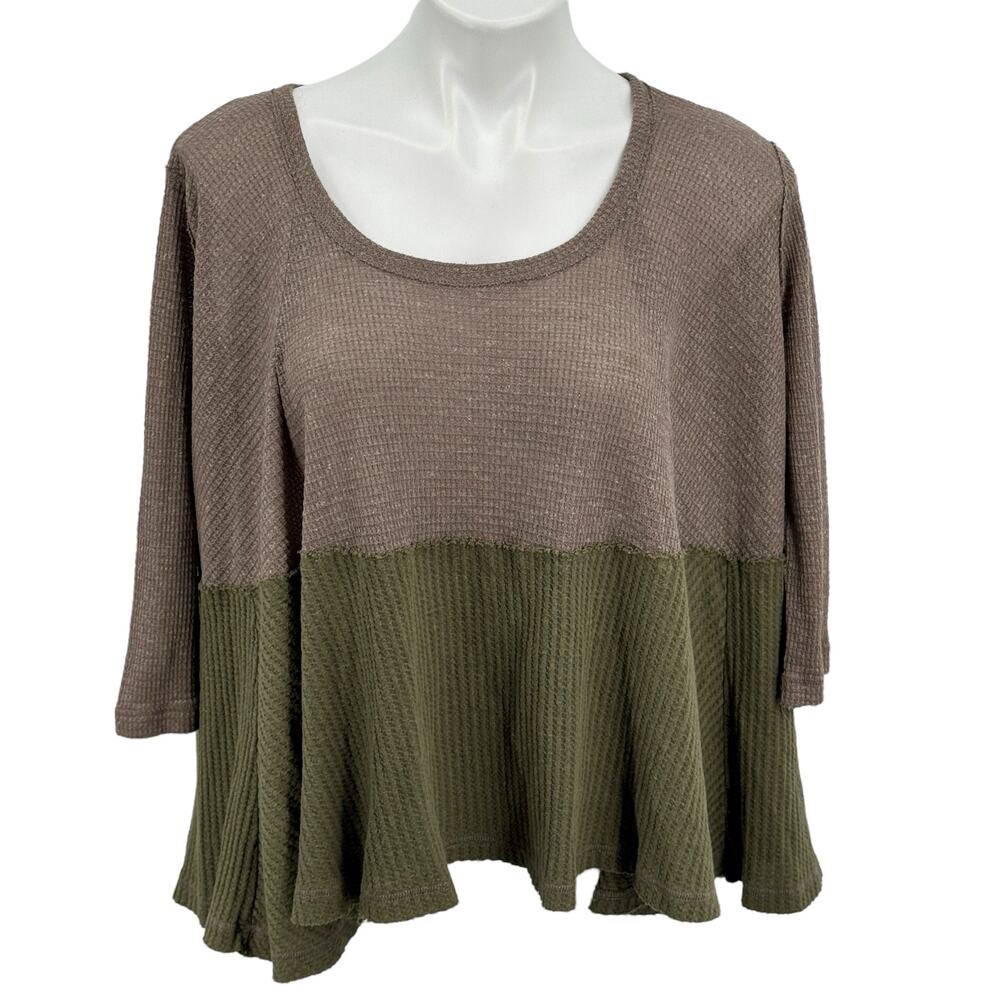 Free People Waffle Knit Thermal Oversized Top XS Brown Womens Green Casual Flowy